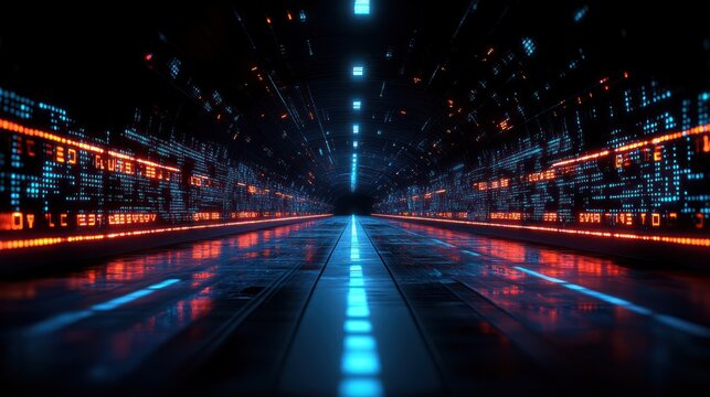 Futuristic digital tunnel with glowing lines and data streams. - Powered by Adobe