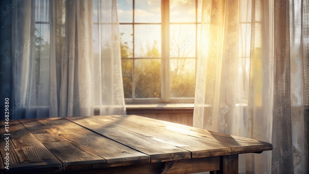 Poster rustic wooden table before a window bathed in warm sunlight, perfect for displaying products or craf