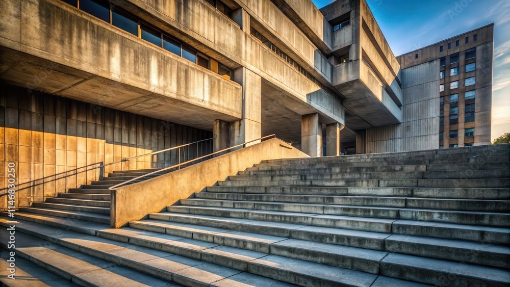 Poster concrete stairway leading to a modern building with a geometric design and a subtle golden glow