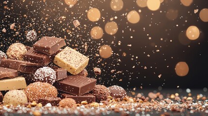 Assorted chocolates, truffles, and bars in a pile with cocoa powder.