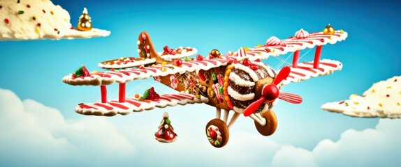 Vintage toy airplane, colorful metal construction, propeller-driven, retro design, whimsical, vibrant red and yellow paint, intricate details, nostalgic childhood toy, clear blue sky background, minia
