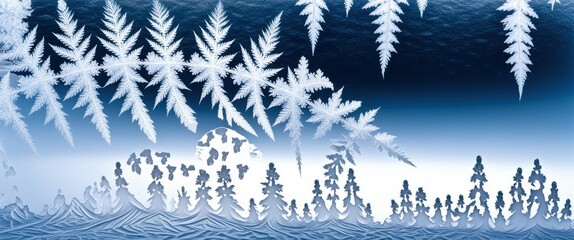 Obraz premium Winter landscape, frosted window, intricate ice crystals, fern-like patterns, delicate frost formation, blue and white color scheme, macro photography, ethereal atmosphere, nature's artistry, seasonal