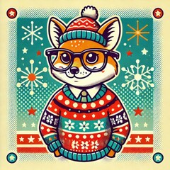 A delightful fox wearing a colorful holiday sweater and stylish glasses stands proudly, set against a lively winter scene filled with snowflakes and stars