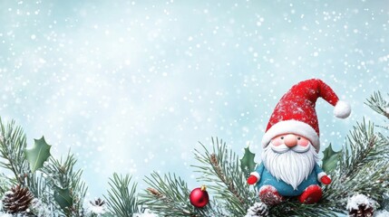 Cute gnome in snow field in winter for holiday decoration