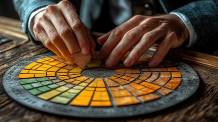 Close-up of hands arranging colorful mosaic tiles on a circular board.