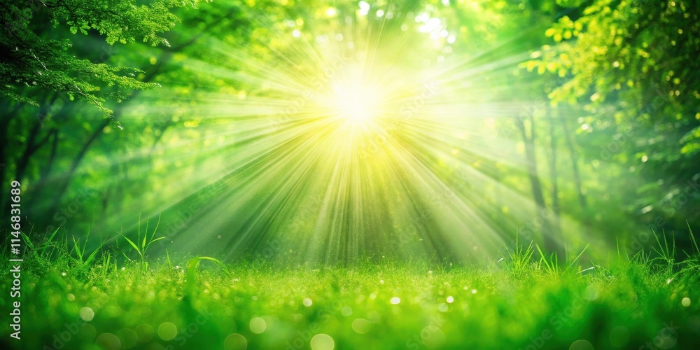 Poster sunlight illuminates a lush green forest floor with rays of light breaking through the canopy