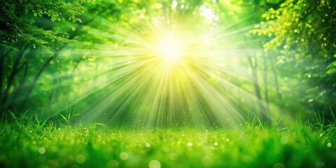 Sunlight Illuminates a Lush Green Forest Floor with Rays of Light Breaking Through the Canopy