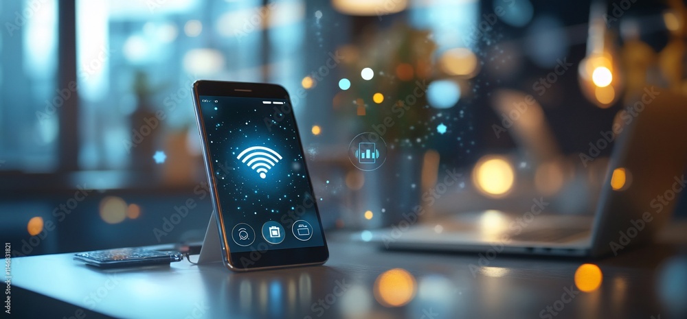 Aufkleber a smartphone displaying wi-fi signals with a laptop in a modern workspace.