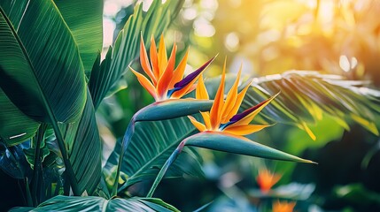Exotic bird-of-paradise flowers against a tropical foliage background, close-up shot, Tropical style