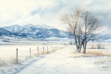 Obraz premium Serene Winter Landscape with Snow-Covered Mountains and Bare Trees, Capturing the Beauty of Nature in Watercolor Medium