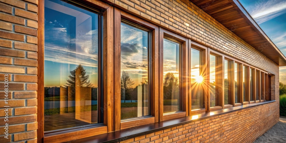 Poster brick facade with a row of large windows reflecting the setting sun and a lush green landscape