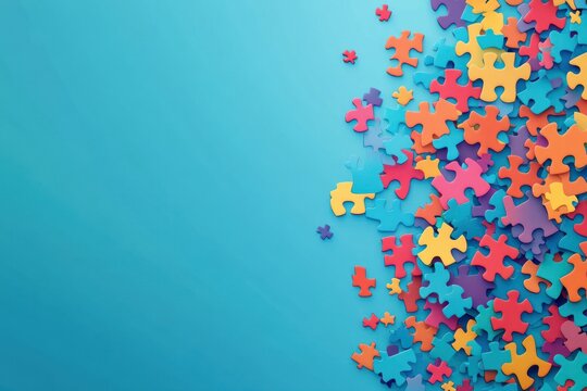 Colorful Puzzle Pieces on a Blue Background Perfect for Educational Themes, Creativity, Children's Activities, Game Design, and Brain Teasers
