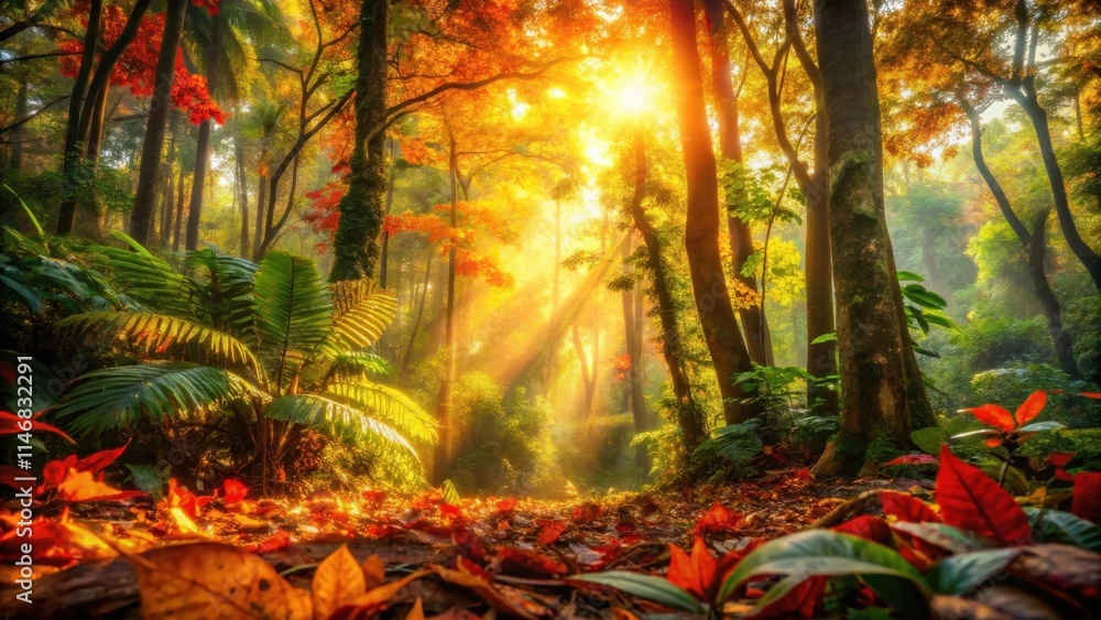 Poster sunlight streams through the canopy of an autumnal forest, illuminating the vibrant foliage and cast
