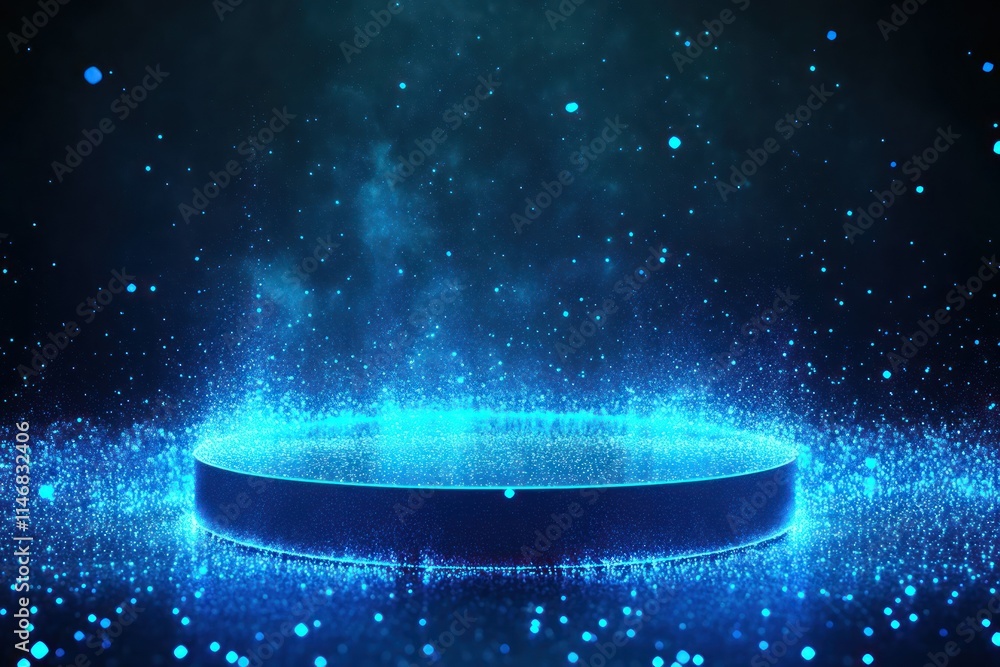 Aufkleber glowing circular platform surrounded by shimmering particles in a dark background, ideal for showcas