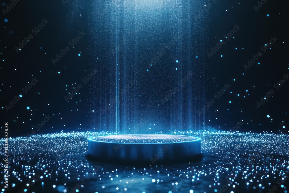 Aufkleber stunning blue particle background featuring a circular platform with light rays and sparkling effect