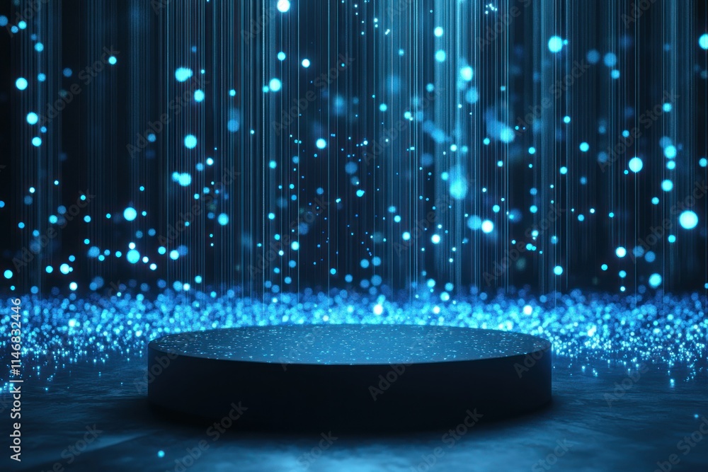 Poster sparkling azure backdrop with glowing particles, light beams, and a circular platform for showcasing