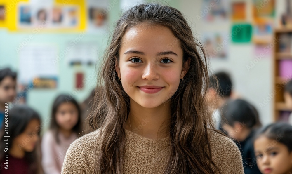 Poster a smiling girl in a classroom setting with peers in the background.