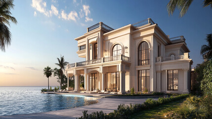 Obraz premium Spectacular waterfront villa with water in the ocean, Luxury building by the water with a beautiful landscape and blue sky and ocean water, property on luxury islands for investment with buildings.