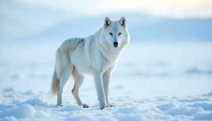 Naklejka premium Tundra Wolf in snowy wilderness, blending seamlessly into its serene natural habitat.