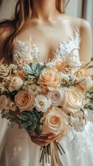Elegant bridal bouquet featuring peach and cream roses with succulents, held by a bride in a beautiful wedding