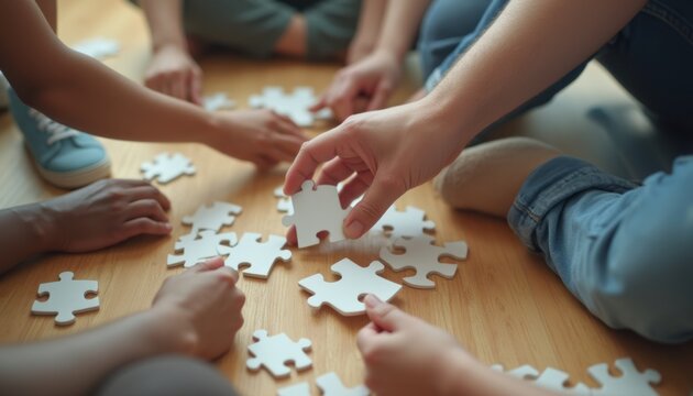 A diverse group of hands, both adult and child, eagerly work together to piece together a jigsaw puzzle on a warm wooden floor. This image captures the joy of teamwork and connection, highlighting the - Powered by Adobe
