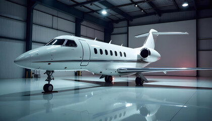 Sleek private jet in a hangar, exuding luxury and sophistication under ambient lights.