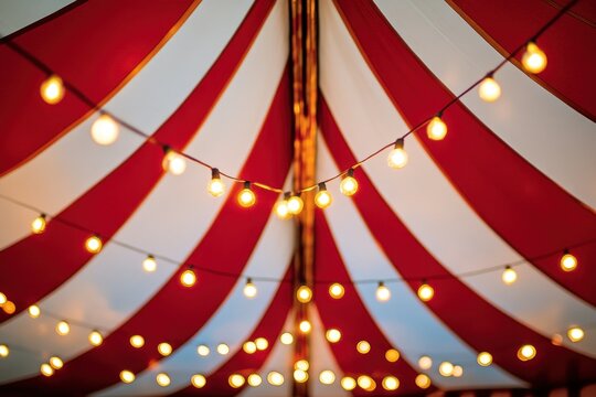 Colorful circus tent interior with vibrant red and white stripes, illuminated by glowing round string lights, creating a festive and cheerful ambiance for events