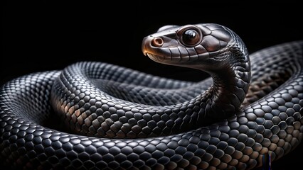 Fototapeta premium A black snake with iridescent scales coiled in a defensive posture, its sharp eyes gleaming against a dark backdrop.