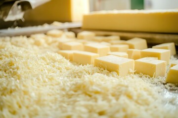 Freshly grated cheese on a stainless steel surface in a food preparation environment, showcasing the texture and color of dairy product processing techniques.
