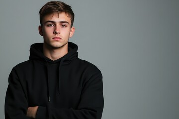 Young Male Model with Serious Expression Wearing Black Hoodie Against Simple Gray Background for Fashion or Casual Wear Concepts and Portrait Photography
