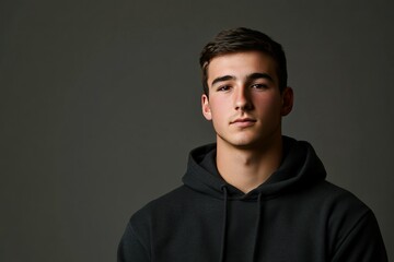 Fototapeta premium Young Man in Dark Hoodie Posing Against a Neutral Background, Showcasing a Serious Expression and Striking Features for Various Creative Uses
