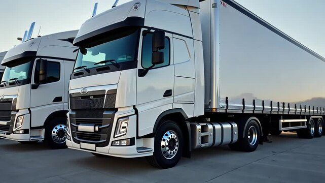 Modern European trucks with standard trailers are parked side by side