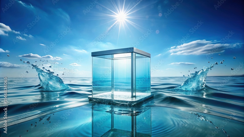 Poster a glass cube floats on a calm sea, sunlight filtering through the surface, creating a shimmering eff