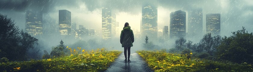 Urban isolation a woman stands in a foggy landscape overlooking a city nature meets technology dramatic mood