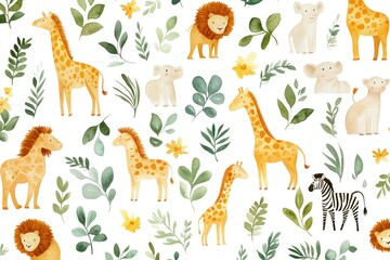 Colorful Jungle Animals and Leaves Pattern Featuring Giraffes, Lions, Elephants, Zebras, and Tropical Foliage for Children's Decor and Themed Projects