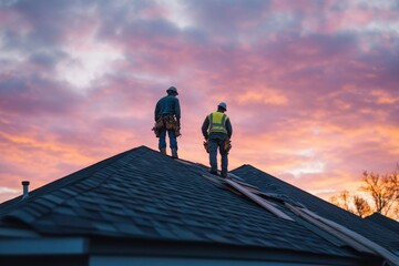 Skilled Roofers Working at Sunset Under a Dramatic Skyline with Colorful Clouds, Showcasing the Craftsmanship and Teamwork in Construction Industry