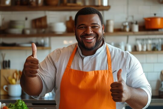 Happy Male Chef in Bright Orange Apron Giving Thumbs Up in Modern Kitchen Setting with Fresh Ingredients and Cooking Utensils, Smiling Joyfully