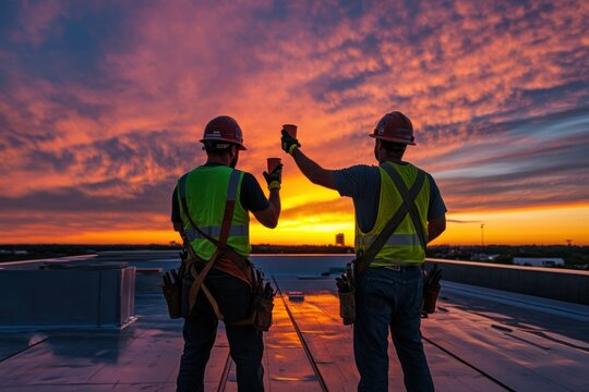 Construction Workers Celebrate Sunset on Rooftop with Safety Gear and Tools, Embracing the End of the Day and Team Spirit in Modern Urban Environment