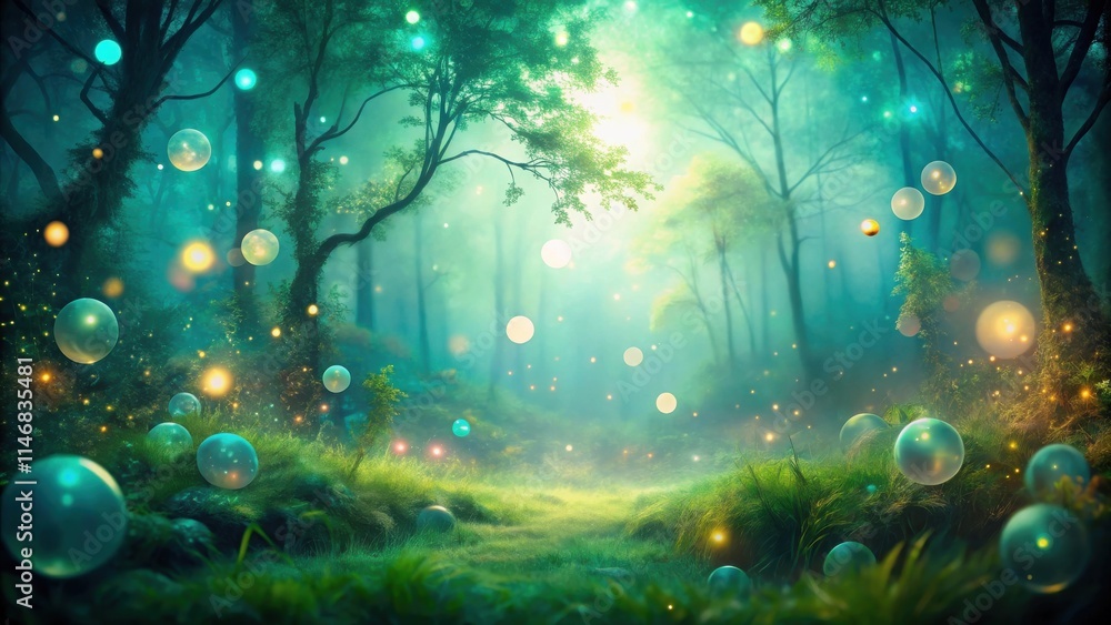 Poster a mystical forest path illuminated by glowing orbs, ethereal light filters through the trees creatin