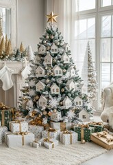 Fototapeta premium Elegant Christmas tree adorned with miniature houses and gifts in a cozy living room during the holiday season