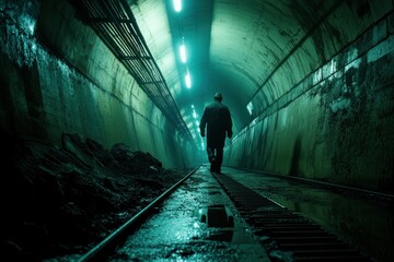 A solitary figure walks through a dimly lit underground tunnel, surrounded by eerie shadows,...