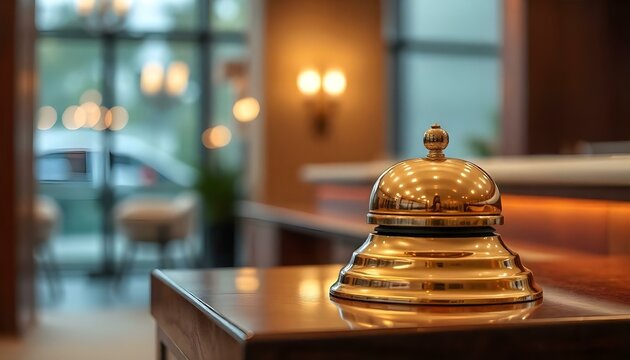 Elegant hotel reception bell on wooden counter, symbolizing hospitality and service.