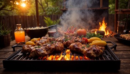 Labor Day barbecue with grilled chicken and fresh vegetables in a sunset setting