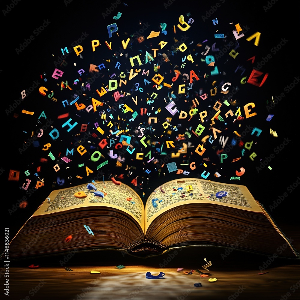 Poster dynamic letters emerge from open book imaginary realm digital art dark background close-up creativit