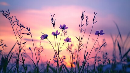 Obraz premium Silhouetted wildflowers at sunset, vibrant pink and orange sky.