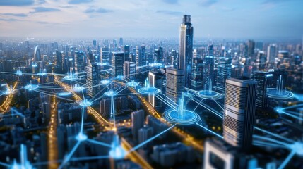 Fototapeta premium Futuristic cityscape urban environment digital connectivity aerial view modern architecture innovative technology