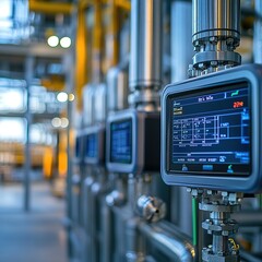 Monitoring industrial process equipment in high-tech factory automation close-up modern manufacturing environment