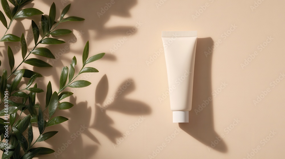 Poster minimalistic beauty product display on soft tan background with green plant leaves creating shadows 