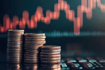 Stack coins with a candle stick trading chart and digital finance background for stock market analysis