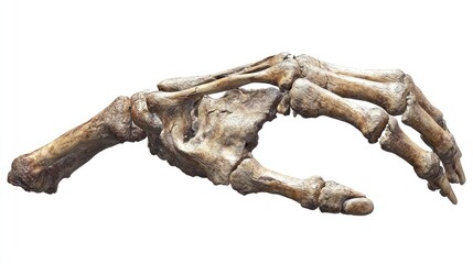 A fossilized human hand skeleton displayed for scientific study and education.